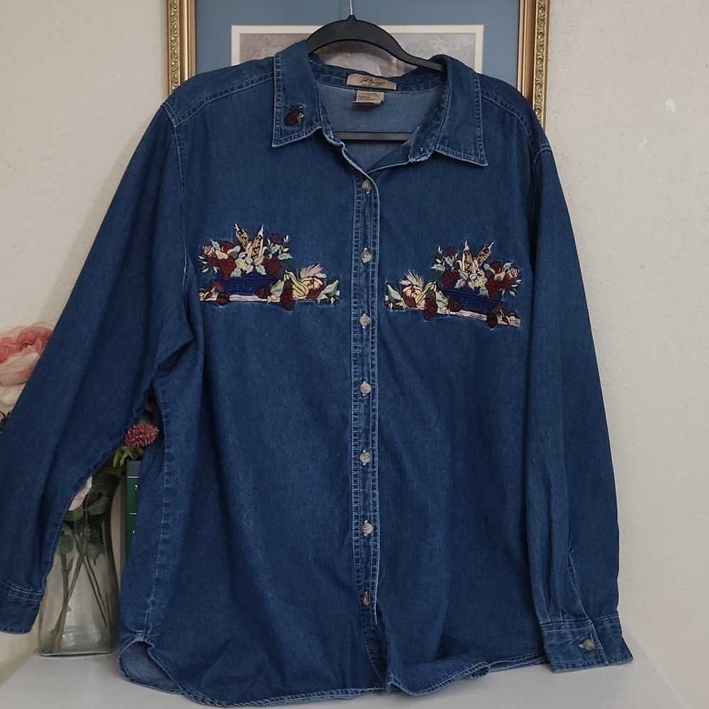 Vintage Fall Harvest Denim Top  Embroidered Autumn Pumpkin Patch Size 18 XL - Picture 8 of 11